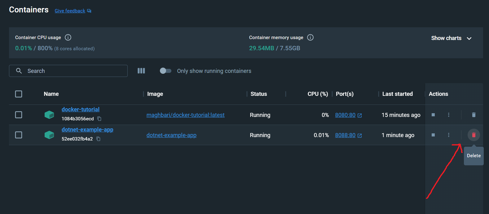 Docker Dashboard - removing a container